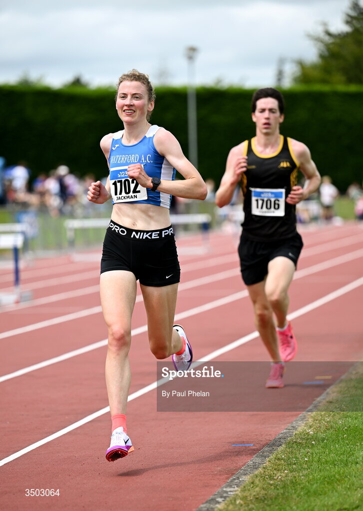 5 July 2026; Patricia Jackman of Waterford A.C.,  on her way to winning the Senior women's 10000m during day two of the 123.ie National U20 & U23 Track & Field Championships at Tullamore Harriers Athletics Club in Tullamore, Offaly. Photo by Paul Phelan/Sportsfile