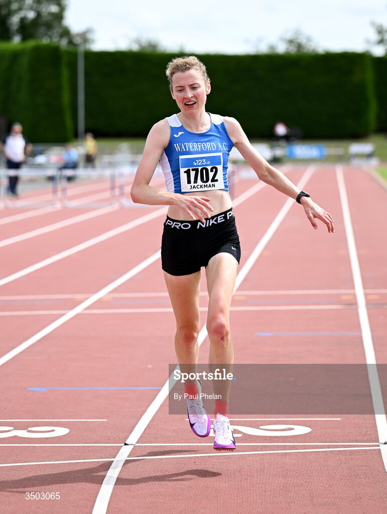 5 July 2026; Patricia Jackman of Waterford A.C.,  wins the Senior women's 10000m during day two of the 123.ie National U20 & U23 Track & Field Championships at Tullamore Harriers Athletics Club in Tullamore, Offaly. Photo by Paul Phelan/Sportsfile