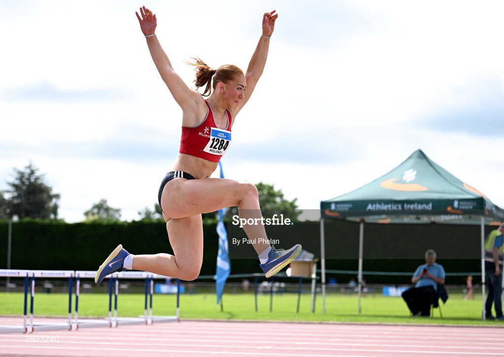 5 July 2026; Leagh Moloney of Dooneen A.C., competes in the U23 women's Triple Jump during day two of the 123.ie National U20 & U23 Track & Field Championships at Tullamore Harriers Athletics Club in Tullamore, Offaly. Photo by Paul Phelan/Sportsfile