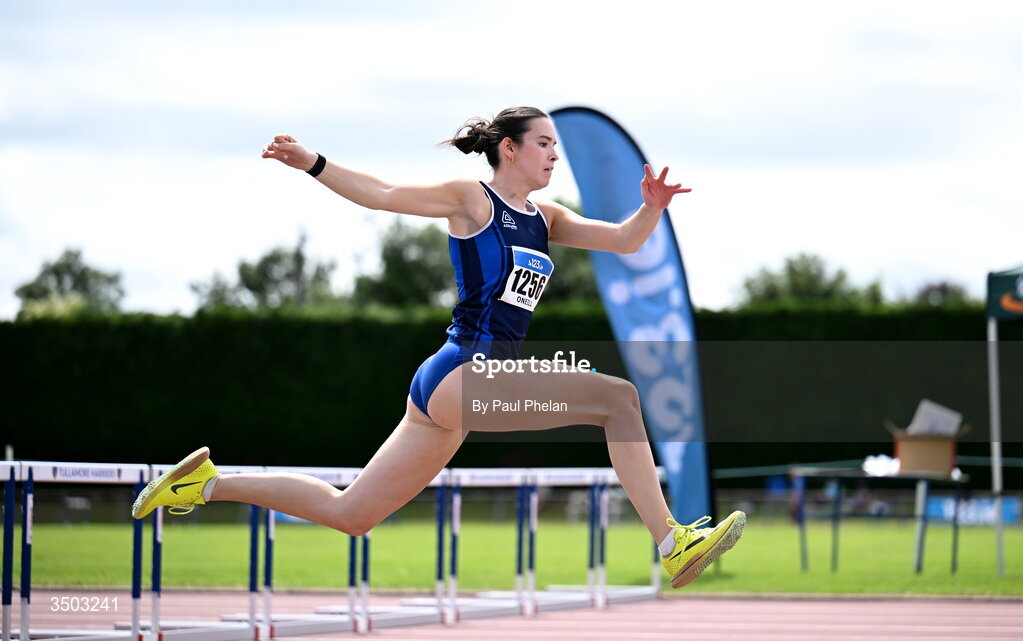 5 July 2026; Emma Oneill of Carrick-on-Suir A.C., competes in the U23 women's Triple Jump during day two of the 123.ie National U20 & U23 Track & Field Championships at Tullamore Harriers Athletics Club in Tullamore, Offaly. Photo by Paul Phelan/Sportsfile