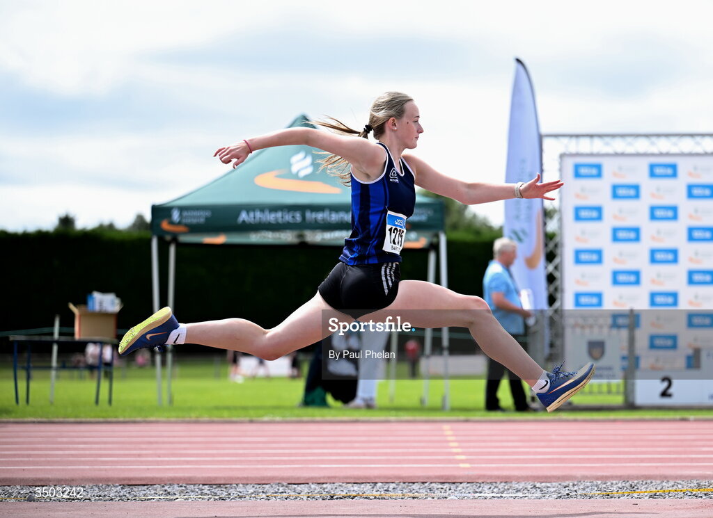 5 July 2026; Sarah Bartley of Carrick-on-Suir A.C., competes in the U20 women's Triple Jump during day two of the 123.ie National U20 & U23 Track & Field Championships at Tullamore Harriers Athletics Club in Tullamore, Offaly. Photo by Paul Phelan/Sportsfile
