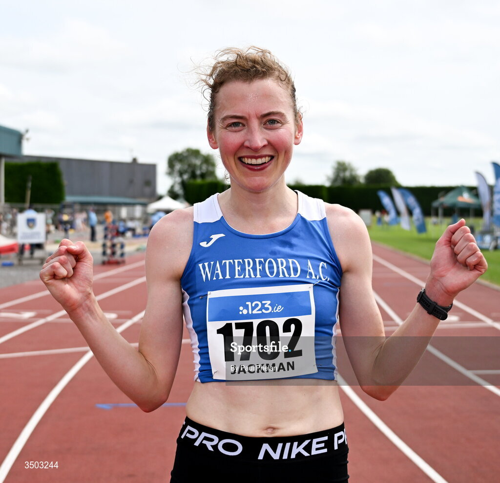 5 July 2026; Patricia Jackman of Waterford A.C.,  wins the Senior  women's 10000m during day two of the 123.ie National U20 & U23 Track & Field Championships at Tullamore Harriers Athletics Club in Tullamore, Offaly. Photo by Paul Phelan/Sportsfile
