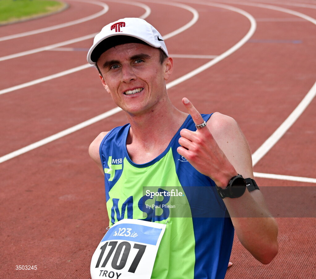 5 July 2026; David Troy of Metro/St. Brigids A.C., wins the Senior men's 10000m during day two of the 123.ie National U20 & U23 Track & Field Championships at Tullamore Harriers Athletics Club in Tullamore, Offaly. Photo by Paul Phelan/Sportsfile