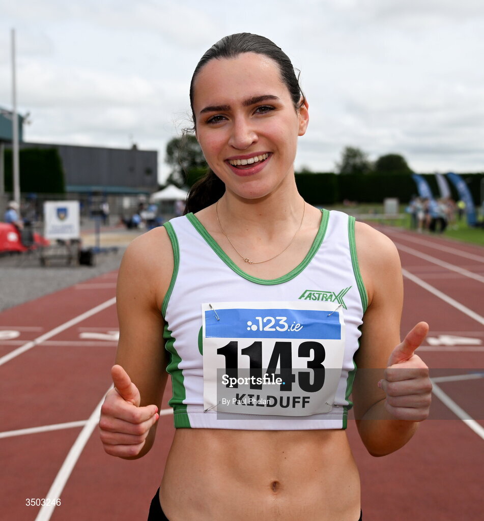 5 July 2026; Lauren Kilduff of Craughwell A.C., wins the U20 women's 400m Hurdles during day two of the 123.ie National U20 & U23 Track & Field Championships at Tullamore Harriers Athletics Club in Tullamore, Offaly. Photo by Paul Phelan/Sportsfile
