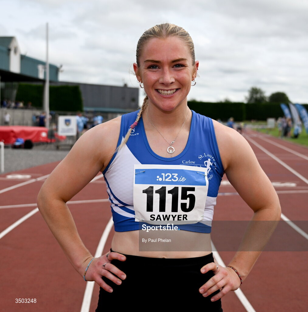 5 July 2026; Jennifer Sawyer of St. Laurence. O'Toole A.C., wins the U23 women's 400m Hurdles during day two of the 123.ie National U20 & U23 Track & Field Championships at Tullamore Harriers Athletics Club in Tullamore, Offaly. Photo by Paul Phelan/Sportsfile