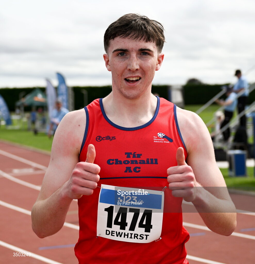 5 July 2026; Ethan Dewhirst of Tír Chonaill A.C., comes second in the U20 men's 400m Hurdles during day two of the 123.ie National U20 & U23 Track & Field Championships at Tullamore Harriers Athletics Club in Tullamore, Offaly. Photo by Paul Phelan/Sportsfile