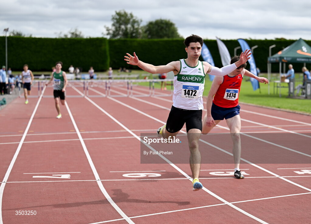 5 July 2026; Des O'Neill of Raheny Shamrock A.C., wins the U20 men's 400m during day two of the 123.ie National U20 & U23 Track & Field Championships at Tullamore Harriers Athletics Club in Tullamore, Offaly. Photo by Paul Phelan/Sportsfile