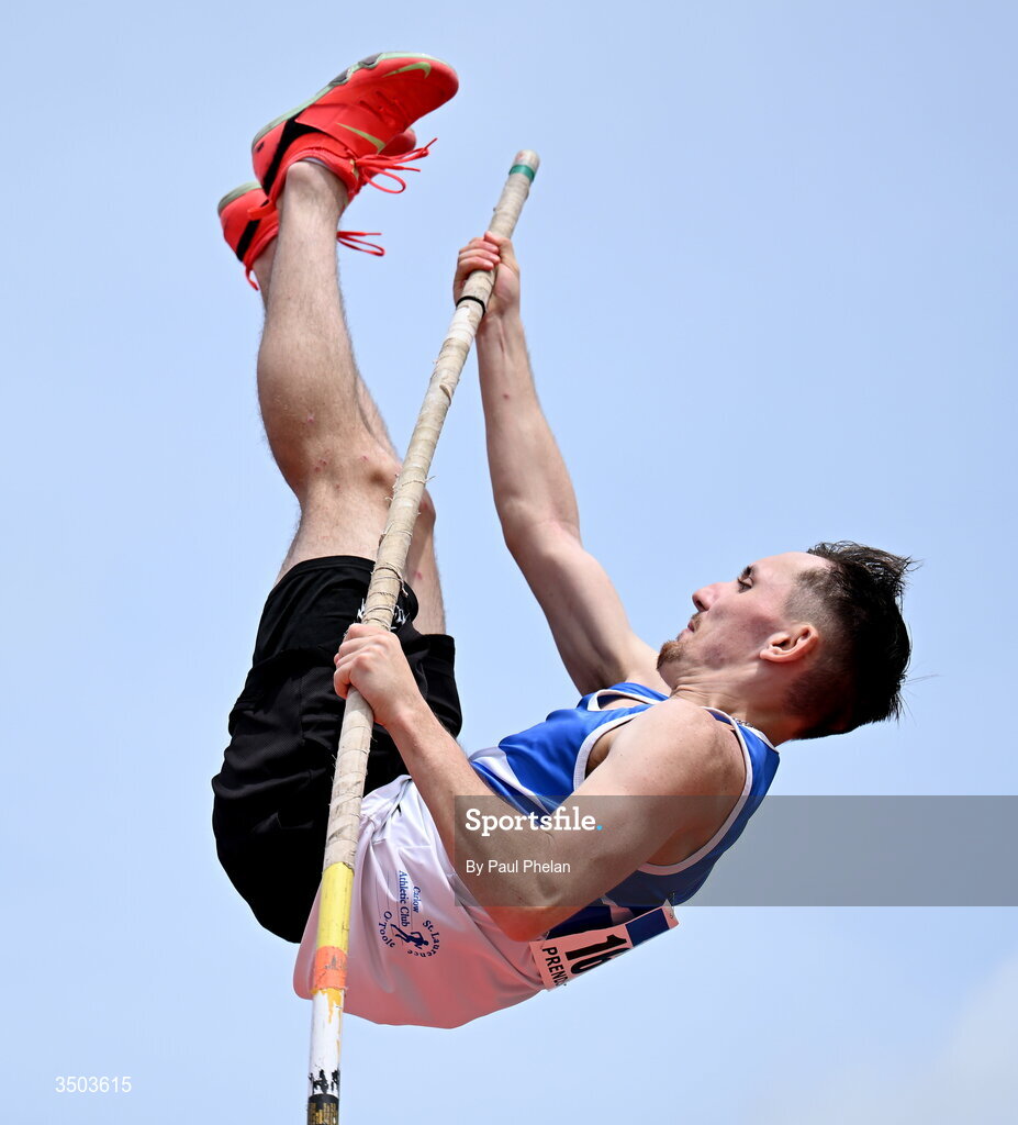 5 July 2026; Lee Prendsgast of St. Laurence. O'Toole A.C.,competes in the U23 men's Pole Vault, which he goes on to win, during day two of the 123.ie National U20 & U23 Track & Field Championships at Tullamore Harriers Athletics Club in Tullamore, Offaly. Photo by Paul Phelan/Sportsfile