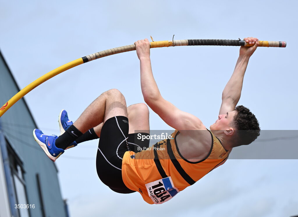 5 July 2026; Fionn Naughton of Leevale A.C., competes in the U20 men's Pole Vault during day two of the 123.ie National U20 & U23 Track & Field Championships at Tullamore Harriers Athletics Club in Tullamore, Offaly. Photo by Paul Phelan/Sportsfile