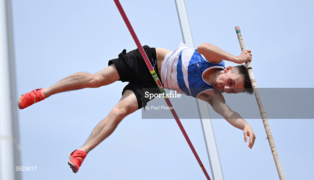 5 July 2026; Lee Prendsgast of St. Laurence. O'Toole A.C., competes in the U23 men's Pole Vault during day two of the 123.ie National U20 & U23 Track & Field Championships at Tullamore Harriers Athletics Club in Tullamore, Offaly. Photo by Paul Phelan/Sportsfile