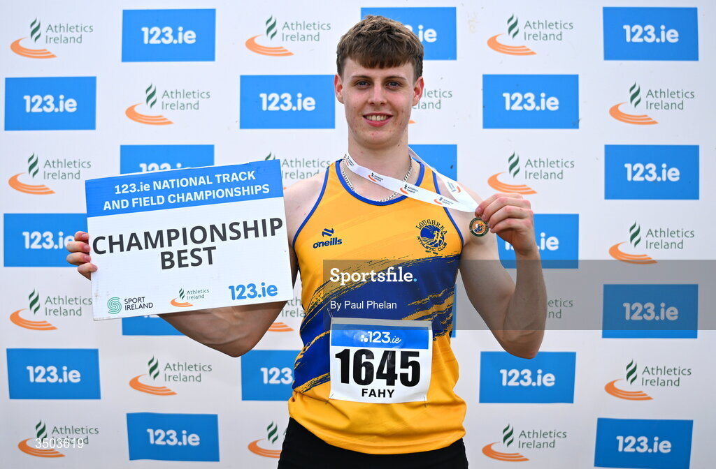 5 July 2026; Darragh Fahy of Loughrea A.C., wins the U20 men's Triple Jump with a championship record of 14.63m during day two of the 123.ie National U20 & U23 Track & Field Championships at Tullamore Harriers Athletics Club in Tullamore, Offaly. Photo by Paul Phelan/Sportsfile