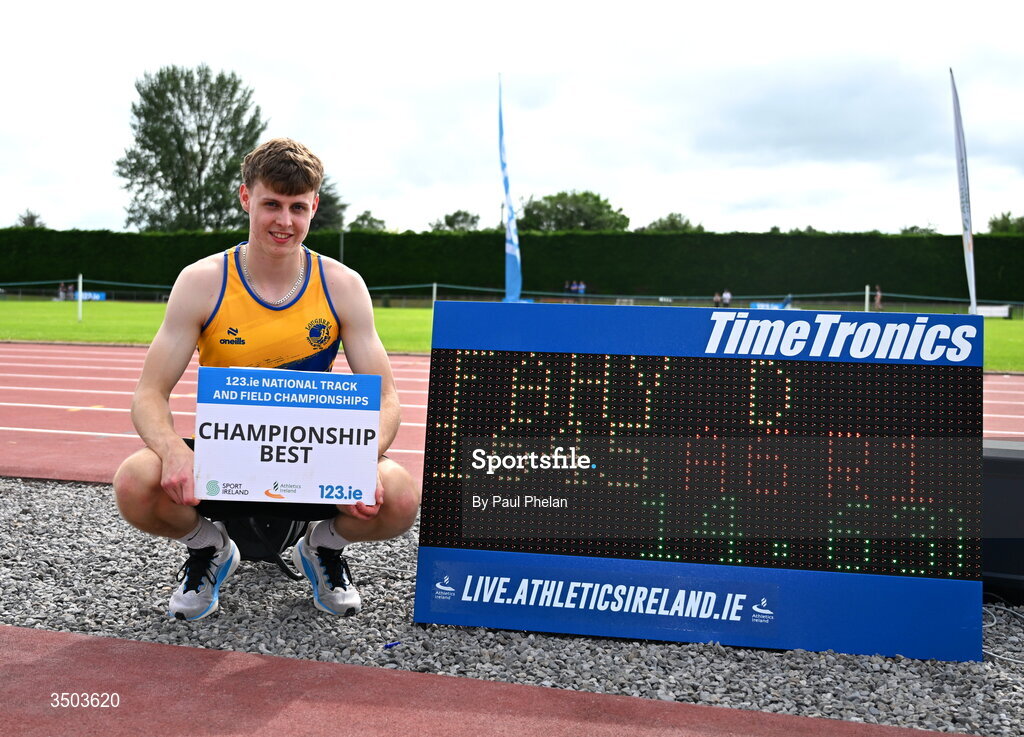 5 July 2026; Darragh Fahy of Loughrea A.C., wins the U20 men's Triple Jump with a championship record of 14.63m during day two of the 123.ie National U20 & U23 Track & Field Championships at Tullamore Harriers Athletics Club in Tullamore, Offaly. Photo by Paul Phelan/Sportsfile