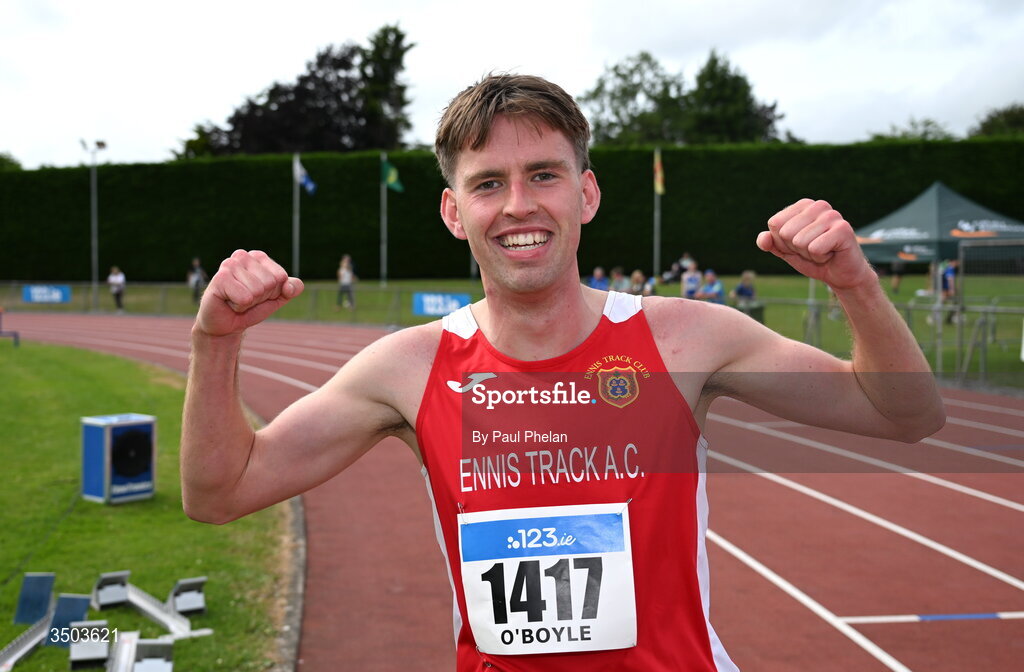 5 July 2026; Cian O'Boyle of Ennis Track A.C., wins the U23 men's 1500m during day two of the 123.ie National U20 & U23 Track & Field Championships at Tullamore Harriers Athletics Club in Tullamore, Offaly. Photo by Paul Phelan/Sportsfile