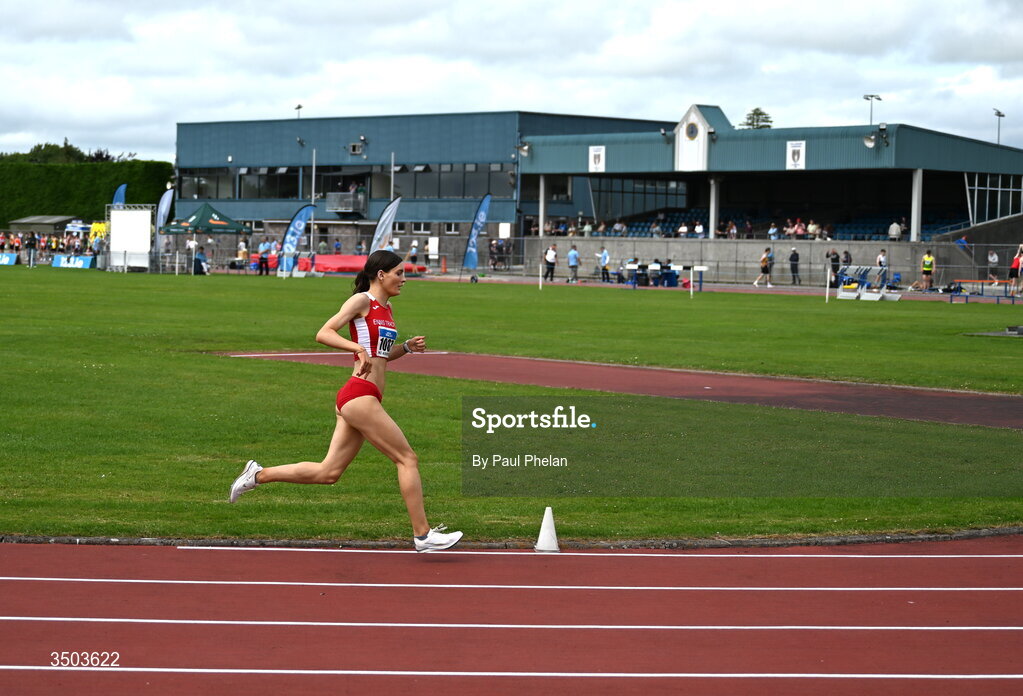 5 July 2026; Neasa Ni Ainifein of Ennis Track A.C., competes in the U23 women's 1500m during day two of the 123.ie National U20 & U23 Track & Field Championships at Tullamore Harriers Athletics Club in Tullamore, Offaly. Photo by Paul Phelan/Sportsfile