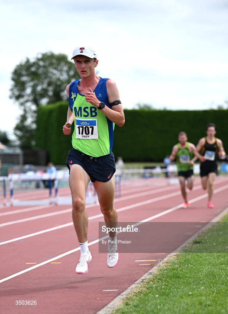 5 July 2026; David Troy of Metro/St. Brigids A.C.,  on his way to winning the Senior men's 10000m during day two of the 123.ie National U20 & U23 Track & Field Championships at Tullamore Harriers Athletics Club in Tullamore, Offaly. Photo by Paul Phelan/Sportsfile