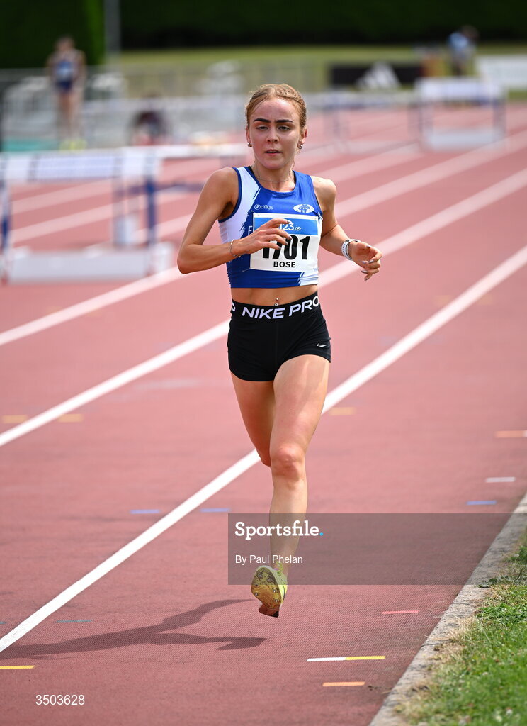 5 July 2026; Nuala Bose of Finn Valley A.C.,  competes in the Senior women's 10000m during day two of the 123.ie National U20 & U23 Track & Field Championships at Tullamore Harriers Athletics Club in Tullamore, Offaly. Photo by Paul Phelan/Sportsfile