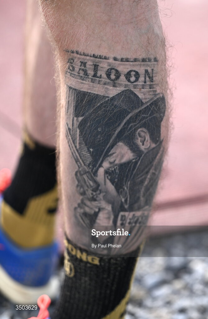 5 July 2026; A tatoo on Joseph Gillespie of Finn Valley A.C., during the U23 men's Triple Jump during day two of the 123.ie National U20 & U23 Track & Field Championships at Tullamore Harriers Athletics Club in Tullamore, Offaly. Photo by Paul Phelan/Sportsfile
