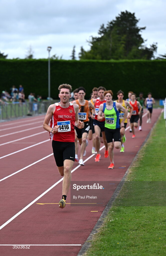 5 July 2026; Barry Conway of Ennis Track A.C., competes in the U23 men's 1500m during day two of the 123.ie National U20 & U23 Track & Field Championships at Tullamore Harriers Athletics Club in Tullamore, Offaly. Photo by Paul Phelan/Sportsfile