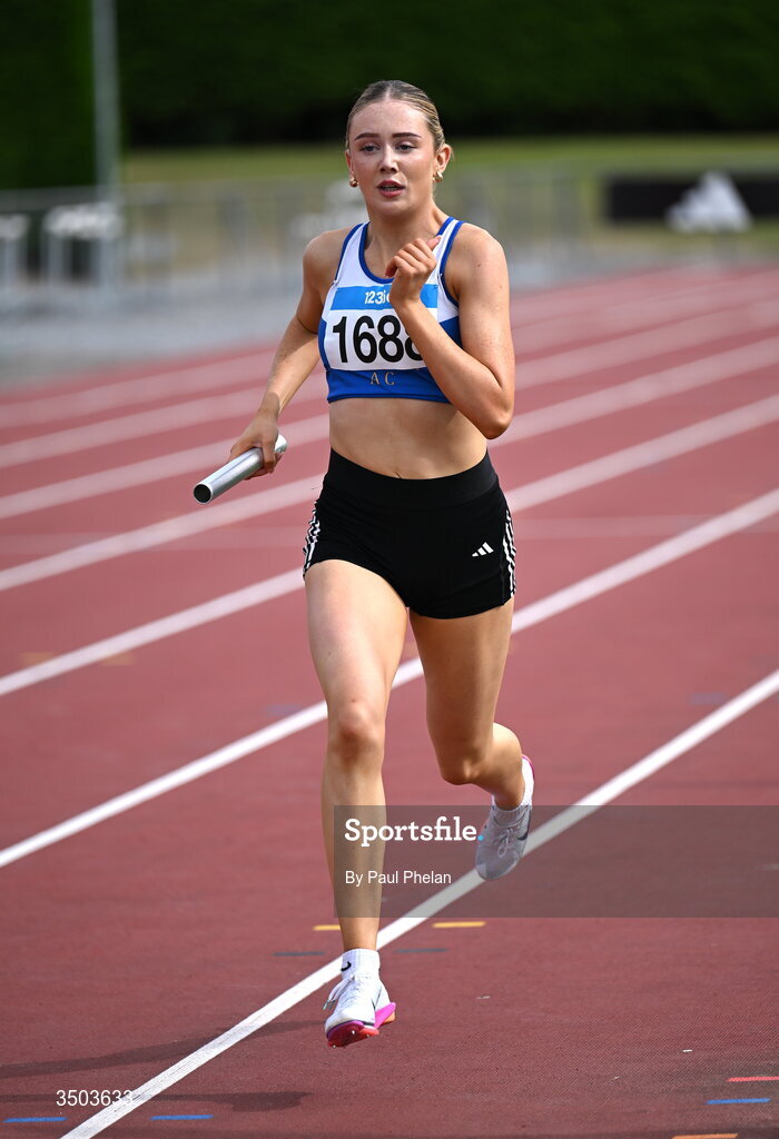 5 July 2026; A Ratoath A.C. B, athlete, on her way to fininshing third in the U20 women's 4x400 Relay  during day two of the 123.ie National U20 & U23 Track & Field Championships at Tullamore Harriers Athletics Club in Tullamore, Offaly. Photo by Paul Phelan/Sportsfile