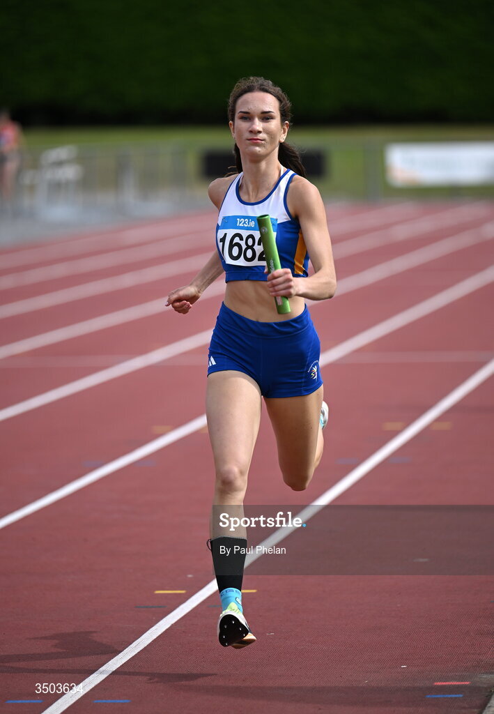 5 July 2026; A Ratoath A.C. A, athlete, on her way to fininshing first in the U20 women's 4x400 Relay during day two of the 123.ie National U20 & U23 Track & Field Championships at Tullamore Harriers Athletics Club in Tullamore, Offaly. Photo by Paul Phelan/Sportsfile