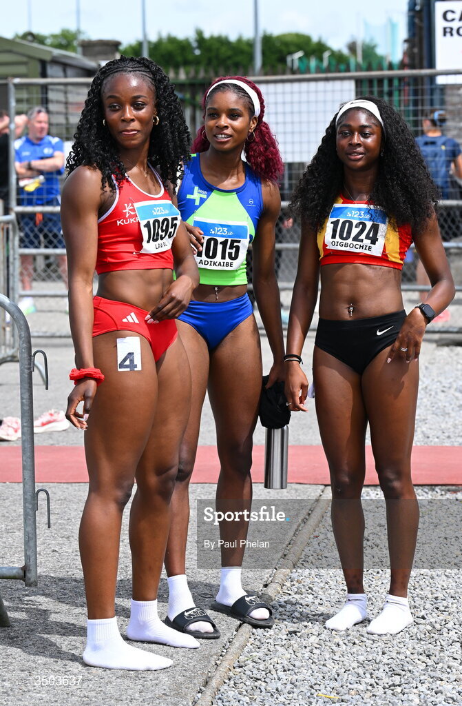 5 July 2026; Destiny Lawal of Dooneen A.C., Chidinma Adikaibe of Metro/St. Brigids A.C. and Gloria Oigbochie of Tallaght A.C., after competing in the U20 women's 200m during day two of the 123.ie National U20 & U23 Track & Field Championships at Tullamore Harriers Athletics Club in Tullamore, Offaly. Photo by Paul Phelan/Sportsfile
