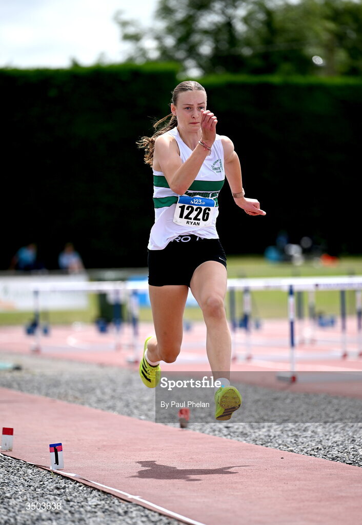 5 July 2026; Cara Ryan of Clonmel A.C., Dublin competes in the U20 women's Long Jump, which she goes on to win, during day two of the 123.ie National U20 & U23 Track & Field Championships at Tullamore Harriers Athletics Club in Tullamore, Offaly. Photo by Paul Phelan/Sportsfile