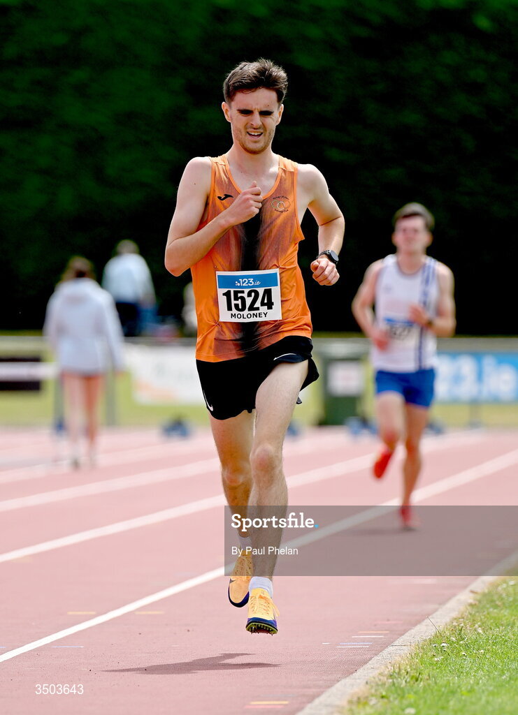 5 July 2026; Jamie Moloney of Nenagh Olympic A.C., competes in the U23 men's 5000m during day two of the 123.ie National U20 & U23 Track & Field Championships at Tullamore Harriers Athletics Club in Tullamore, Offaly. Photo by Paul Phelan/Sportsfile
