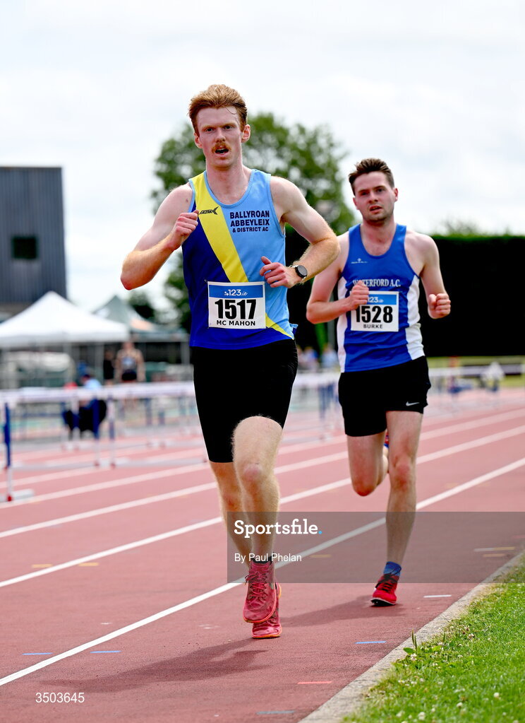 5 July 2026; Jack Mc Mahon of Ballyroan Abbeyleix and District A.C., competes in the U23 men's 5000m during day two of the 123.ie National U20 & U23 Track & Field Championships at Tullamore Harriers Athletics Club in Tullamore, Offaly. Photo by Paul Phelan/Sportsfile