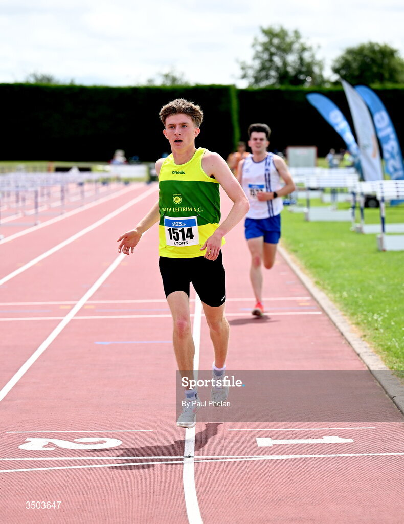 5 July 2026; Lucas Lyons of North Leitrim A.C., wins the U20 men's 5000m during day two of the 123.ie National U20 & U23 Track & Field Championships at Tullamore Harriers Athletics Club in Tullamore, Offaly. Photo by Paul Phelan/Sportsfile