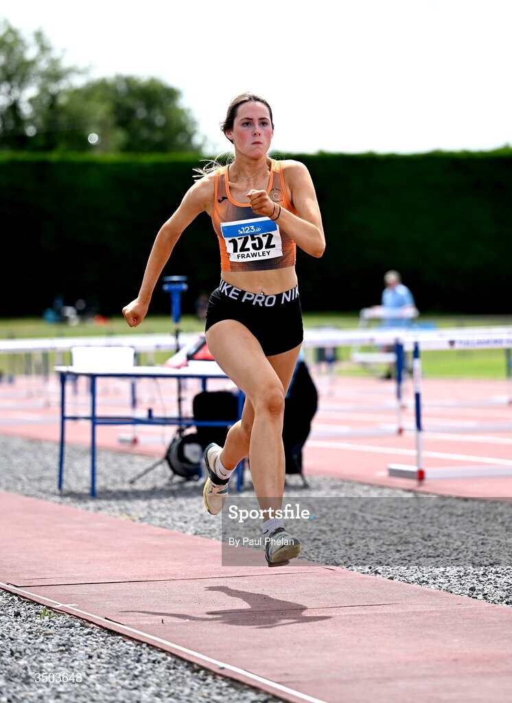 5 July 2026; Aine Frawley of Nenagh Olympic A.C., competes in the U20 women's Long Jump during day two of the 123.ie National U20 & U23 Track & Field Championships at Tullamore Harriers Athletics Club in Tullamore, Offaly. Photo by Paul Phelan/Sportsfile