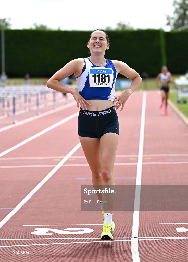 5 July 2026; Amy Greene of Finn Valley A.C., comes second in the U23 women's 5000m during day two of the 123.ie National U20 & U23 Track & Field Championships at Tullamore Harriers Athletics Club in Tullamore, Offaly. Photo by Paul Phelan/Sportsfile