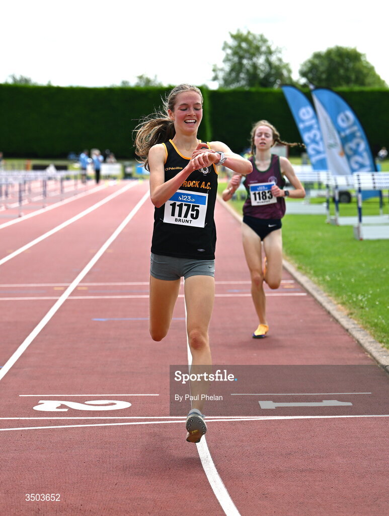 5 July 2026; Megan Brunt of Blackrock (Dublin) A.C., wins the U20 women's 5000m during day two of the 123.ie National U20 & U23 Track & Field Championships at Tullamore Harriers Athletics Club in Tullamore, Offaly. Photo by Paul Phelan/Sportsfile