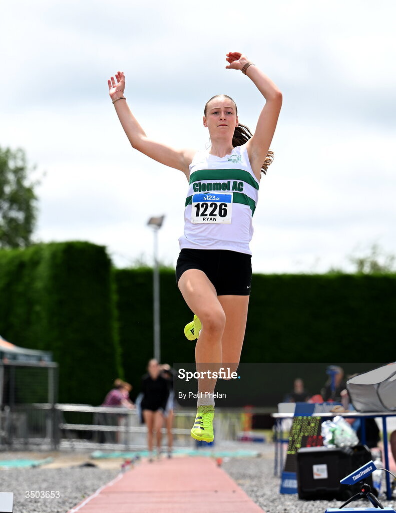 5 July 2026; Cara Ryan of Clonmel A.C., Dublin competes in the U20 women's Long Jump, which she goes on to win, during day two of the 123.ie National U20 & U23 Track & Field Championships at Tullamore Harriers Athletics Club in Tullamore, Offaly. Photo by Paul Phelan/Sportsfile