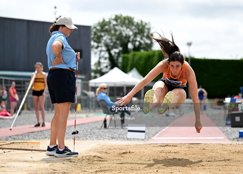 5 July 2026; Laura Frawley of Nenagh Olympic A.C., competes in the U23 women's Long Jump during day two of the 123.ie National U20 & U23 Track & Field Championships at Tullamore Harriers Athletics Club in Tullamore, Offaly. Photo by Paul Phelan/Sportsfile