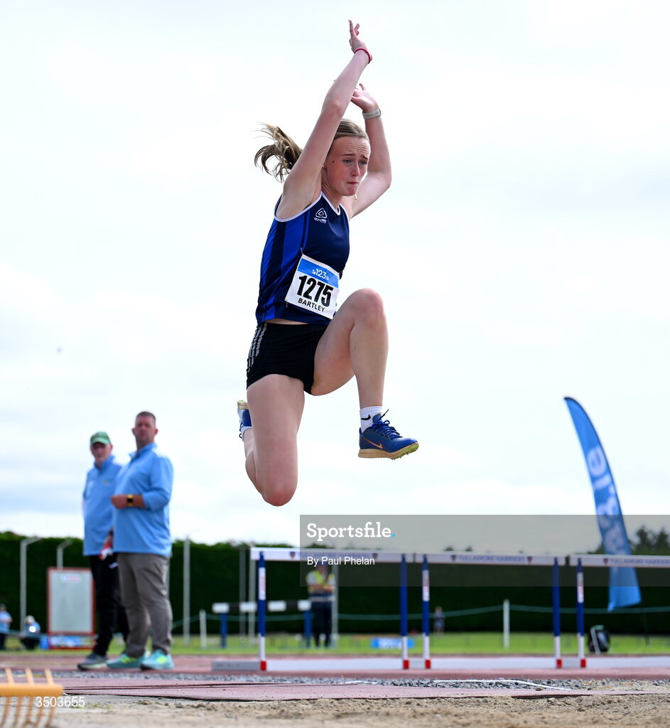 5 July 2026; Sarah Bartley of Carrick-on-Suir A.C., competes in the U20 women's Triple Jump during day two of the 123.ie National U20 & U23 Track & Field Championships at Tullamore Harriers Athletics Club in Tullamore, Offaly. Photo by Paul Phelan/Sportsfile