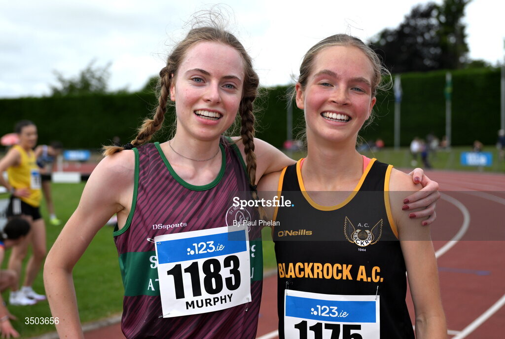 5 July 2026; Heather Murphy of St. Michael's A.C., winner ofthe U23 women's 5000m and Megan Brunt of Blackrock, Dublin A.C., winner of the U20 women's 5000m during day two of the 123.ie National U20 & U23 Track & Field Championships at Tullamore Harriers Athletics Club in Tullamore, Offaly. Photo by Paul Phelan/Sportsfile