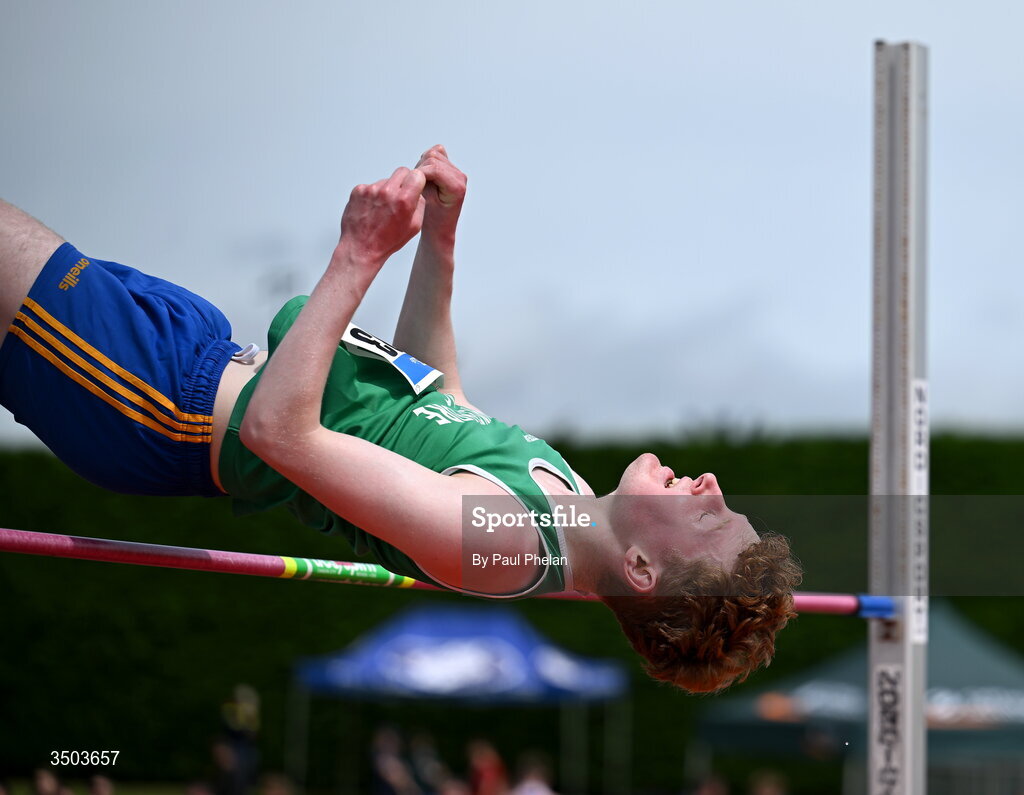 5 July 2026; Cathal Ryan of Templemore A.C., competes in the U23 men's High Jump during day two of the 123.ie National U20 & U23 Track & Field Championships at Tullamore Harriers Athletics Club in Tullamore, Offaly. Photo by Paul Phelan/Sportsfile
