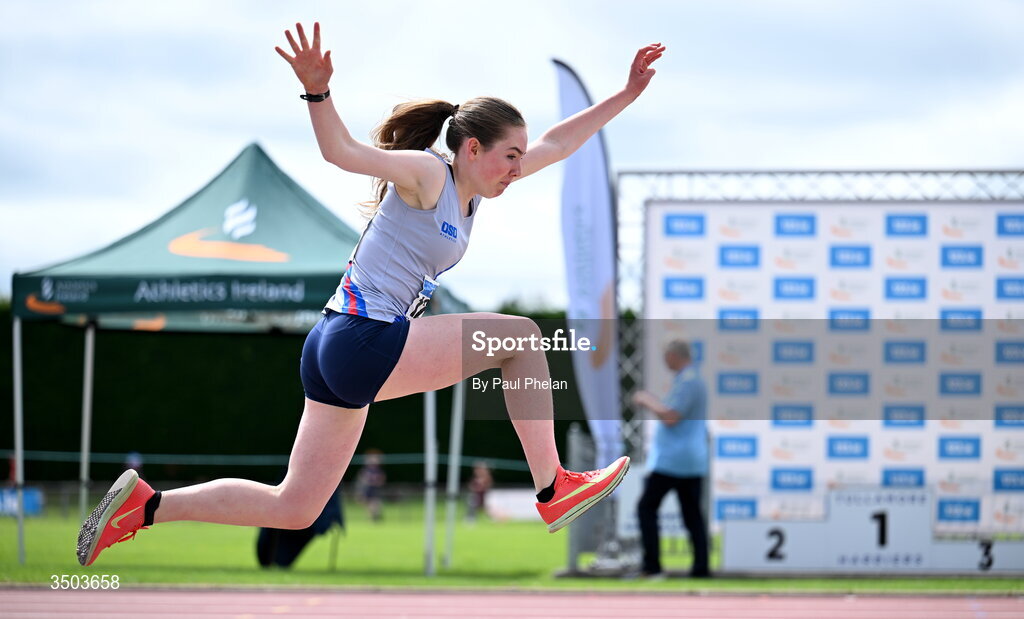 5 July 2026; Alexandra Fellner Ring of Dundrum South Dublin A.C., competes in the U20 women's Triple Jump during day two of the 123.ie National U20 & U23 Track & Field Championships at Tullamore Harriers Athletics Club in Tullamore, Offaly. Photo by Paul Phelan/Sportsfile