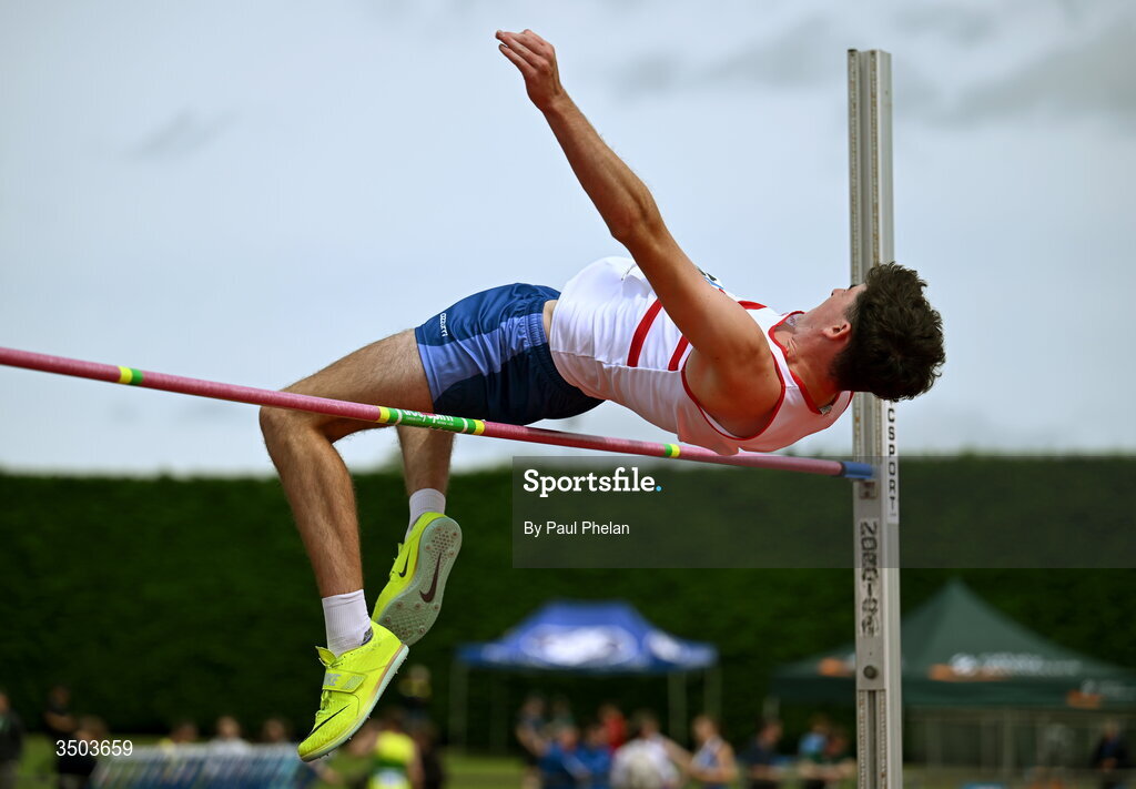 5 July 2026; Tom Feerick of Finisk Valley A.C., competes in the U23 men's High Jump during day two of the 123.ie National U20 & U23 Track & Field Championships at Tullamore Harriers Athletics Club in Tullamore, Offaly. Photo by Paul Phelan/Sportsfile