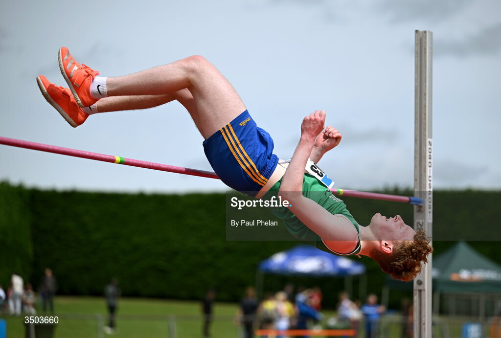 5 July 2026; Cathal Ryan of Templemore A.C., competes in the U23 men's High Jump during day two of the 123.ie National U20 & U23 Track & Field Championships at Tullamore Harriers Athletics Club in Tullamore, Offaly. Photo by Paul Phelan/Sportsfile