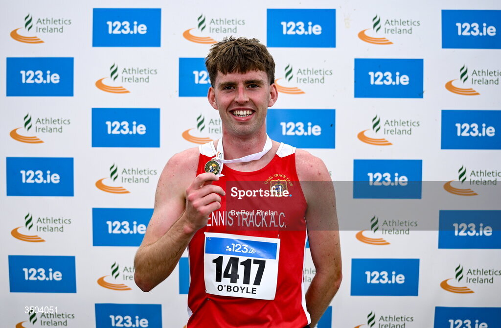 5 July 2026; Cian O'Boyle of Ennis Track A.C., wins the U23 men's 1500m during day two of the 123.ie National U20 & U23 Track & Field Championships at Tullamore Harriers Athletics Club in Tullamore, Offaly. Photo by Paul Phelan/Sportsfile