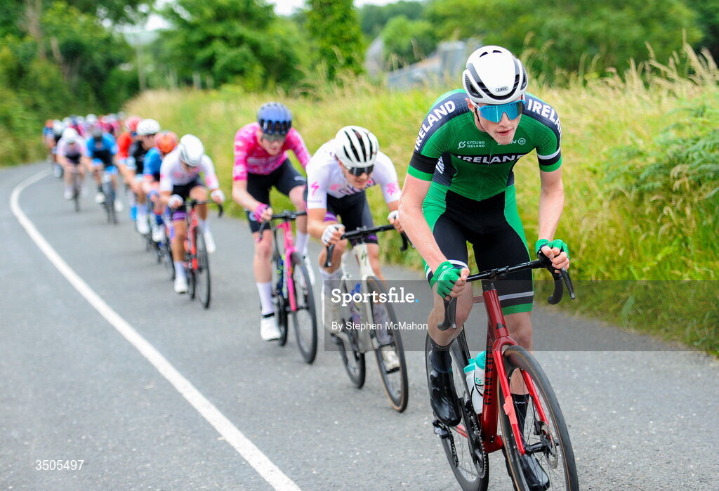 8 July 2026; Fionn Killeen of Cycling Ireland during the Stage 2 of 2026 Junior Tour of Ireland in West Clare. Photo by Stephen McMahon/Sportsfile