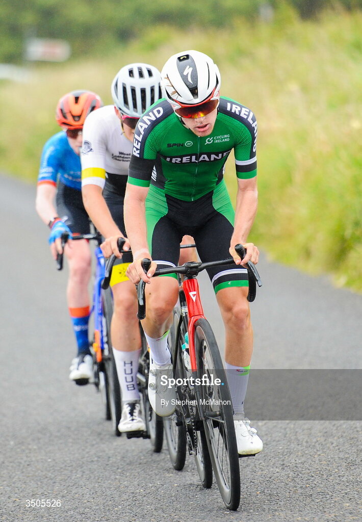 8 July 2026; Hugh Óg Mulhearne of Cycling Ireland during the Stage 2 of 2026 Junior Tour of Ireland in West Clare. Photo by Stephen McMahon/Sportsfile