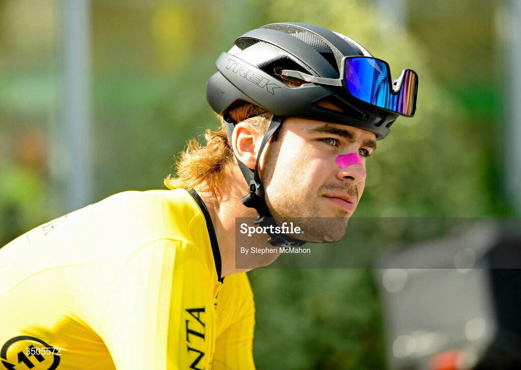 8 July 2026; Race leader Glen Gregory Koiv of Team Rauland at the start of Stage 2 of 2026 Junior Tour of Ireland in West Clare. Photo by Stephen McMahon/Sportsfile