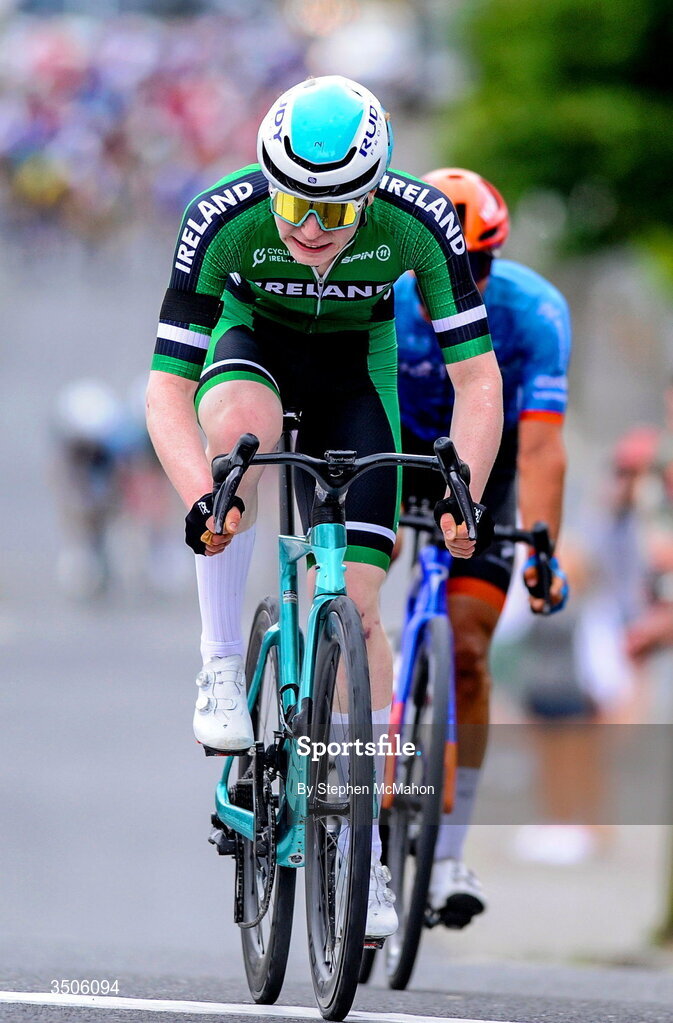 9 July 2026; Rian McCrystal of Cycling Ireland after winning Stage 3 of 2026 Junior Tour of Ireland in East Clare. Photo by Stephen McMahon/Sportsfile
