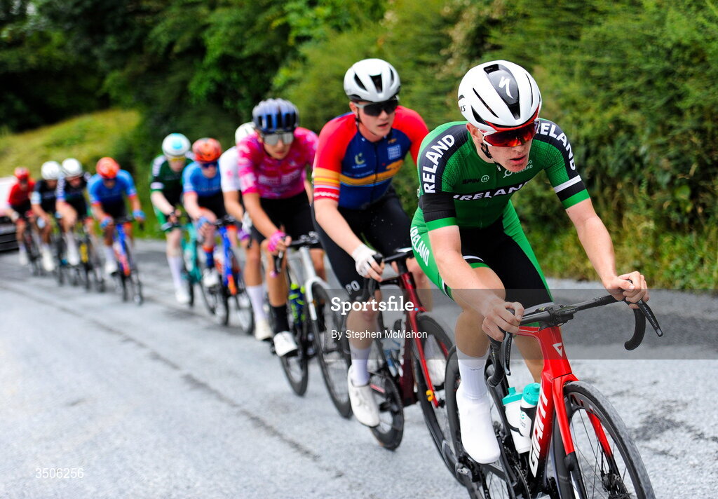 9 July 2026; Hugh Óg Mulhearne of Cycling Ireland during Stage 3 of 2026 Junior Tour of Ireland in East Clare. Photo by Stephen McMahon/Sportsfile