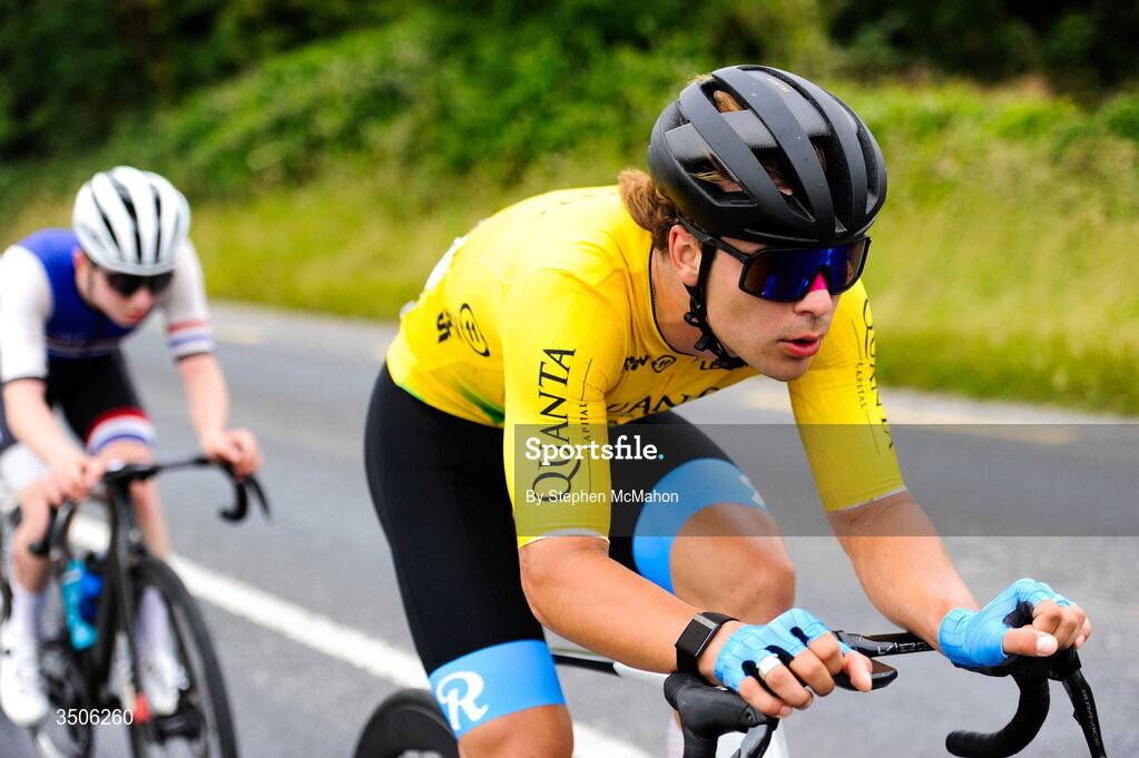 9 July 2026; Race leader Glen Gregory Koiv of Team Rauland during the Stage 3 of 2026 Junior Tour of Ireland in East Clare. Photo by Stephen McMahon/Sportsfile