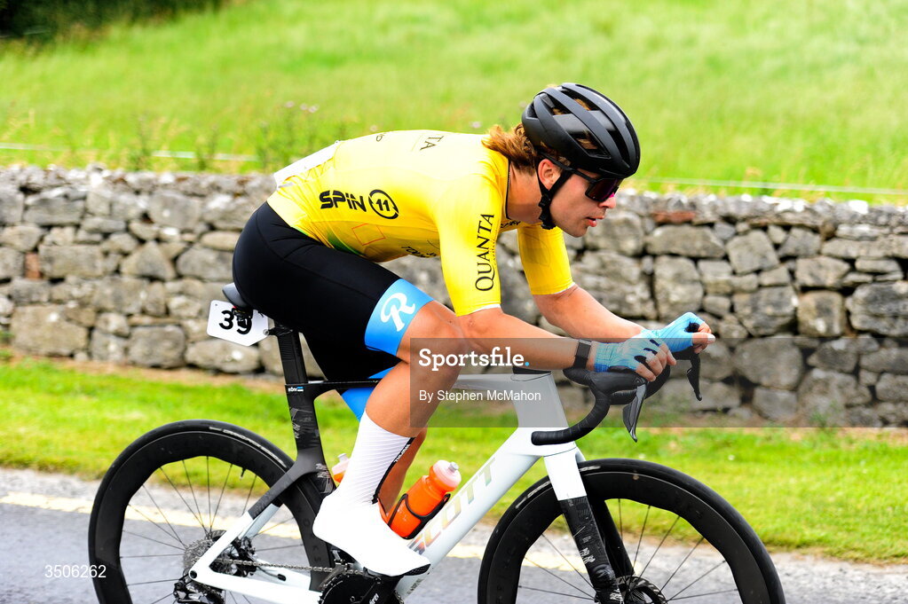 9 July 2026; Race leader Glen Gregory Koiv of Team Rauland during Stage 3 of 2026 Junior Tour of Ireland in East Clare. Photo by Stephen McMahon/Sportsfile