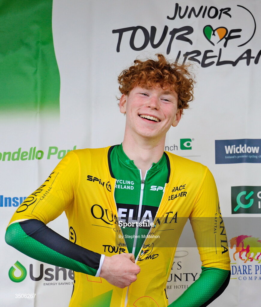 9 July 2026; Rian McCrystal of Cycling Ireland after the Stage 3 of 2026 Junior Tour of Ireland in East Clare. Photo by Stephen McMahon/Sportsfile
