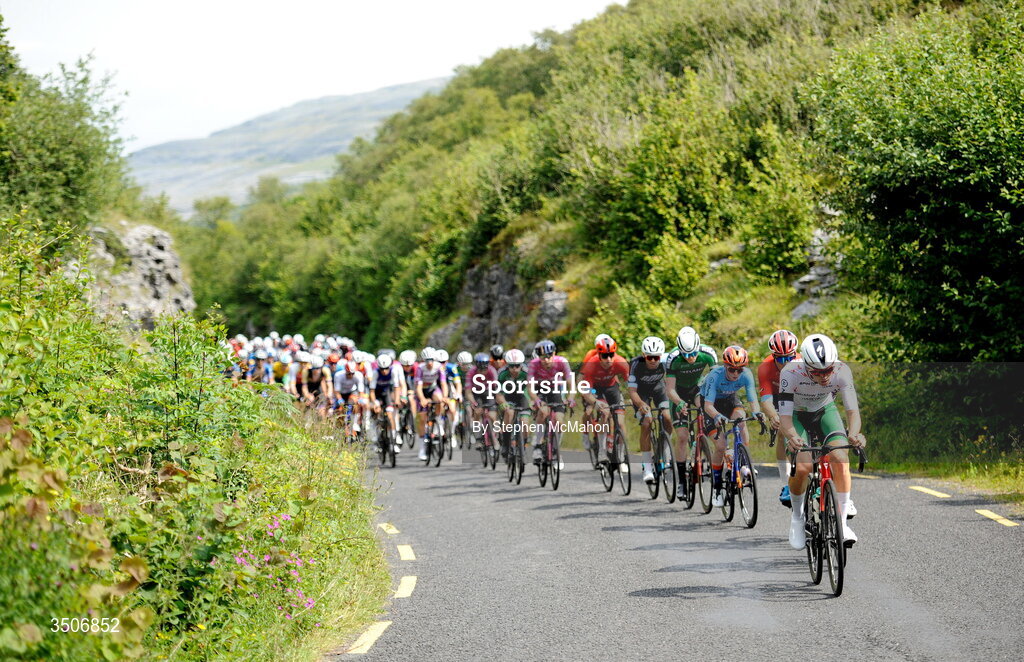 10 July 2026; A general view of the peloton during Stage 4 of 2026 Junior Tour of Ireland in the Burren. Photo by Stephen McMahon/Sportsfile